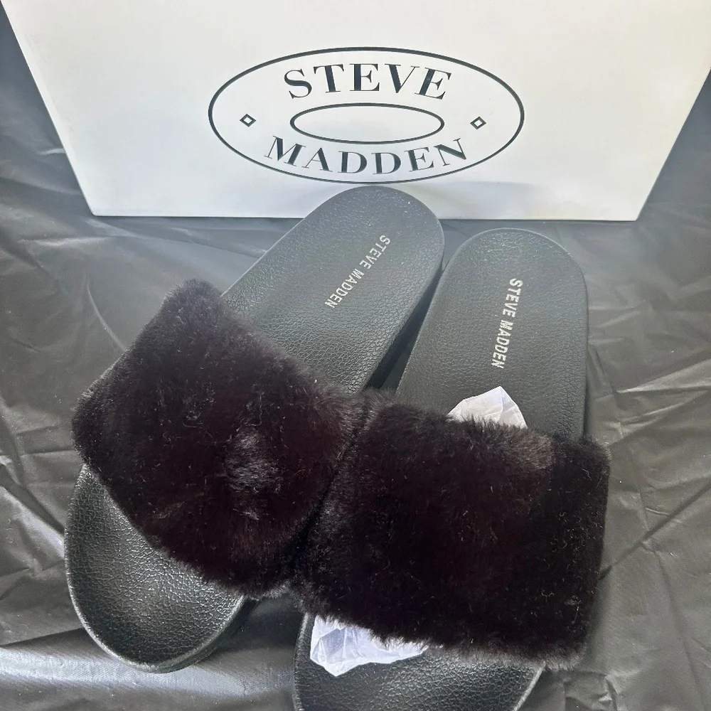 Steve Madden Women’s black faux fur slides size 7 - Picture 1 of 2